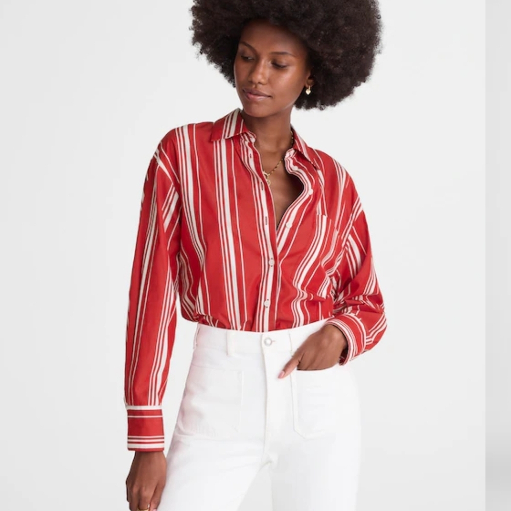 NWT Madewll Oversized Shirt Red Stripe Women's Button Down Top Small